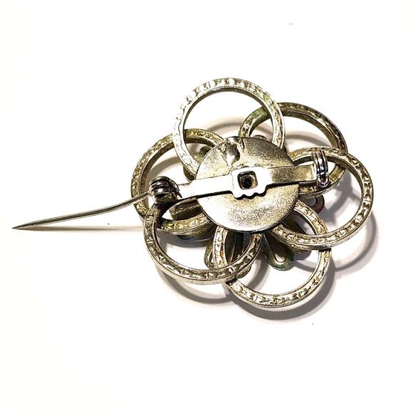 Vintage 1960s Floral & Entwined Etched Circle Rings Silver Tone Brooch Scarf Pin - Picture 4 of 7